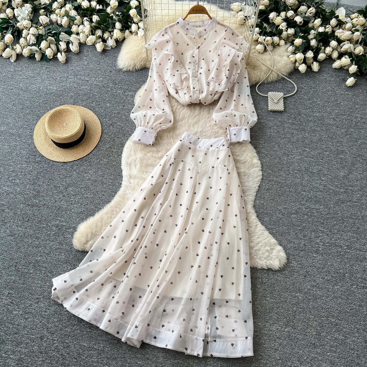 Vintage Elegante Bluse mit Print, Herbst Zweiteiler-Set, Schickes Oberteil mit Süßem Hochtailliertem A-Linien-Rock, Urlaubs-Set