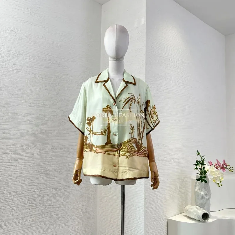 

Mint Green Short Sleeve Coconut Tree Flower Print Blouse Tops and Shorts Set 2025