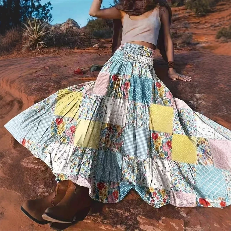 

Women Dress Floral Print Patchwork Midi Long Skirt Casual Spring Summer Fashion Trendy Clothing