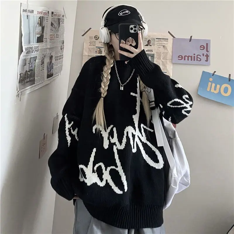 

Sweater Fashion Hip Hop Large Loose Couple Clothing Flame Pattern Sweater Men'S Long Sleeve Round Neck Pullover Women Autumn New