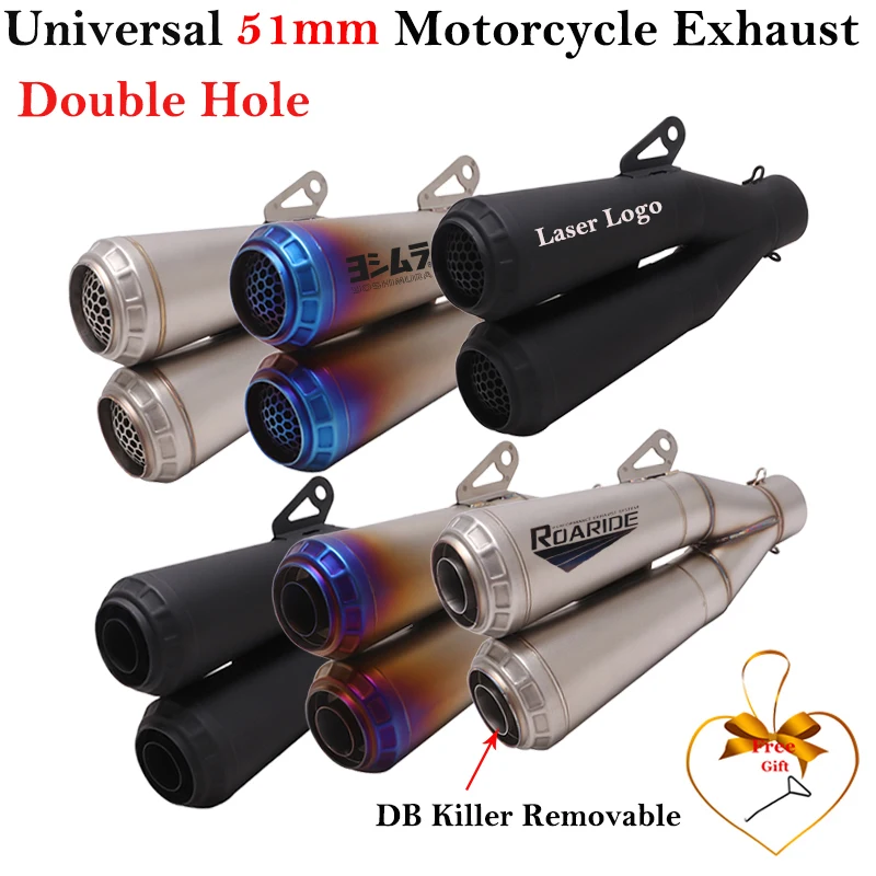 Universal 60mm Motorcycle GP Exhaust Escape Modified Connecting Double Holes Moto Muffler For MT-09 R1 Z1000 ER6N S1000RR DL250