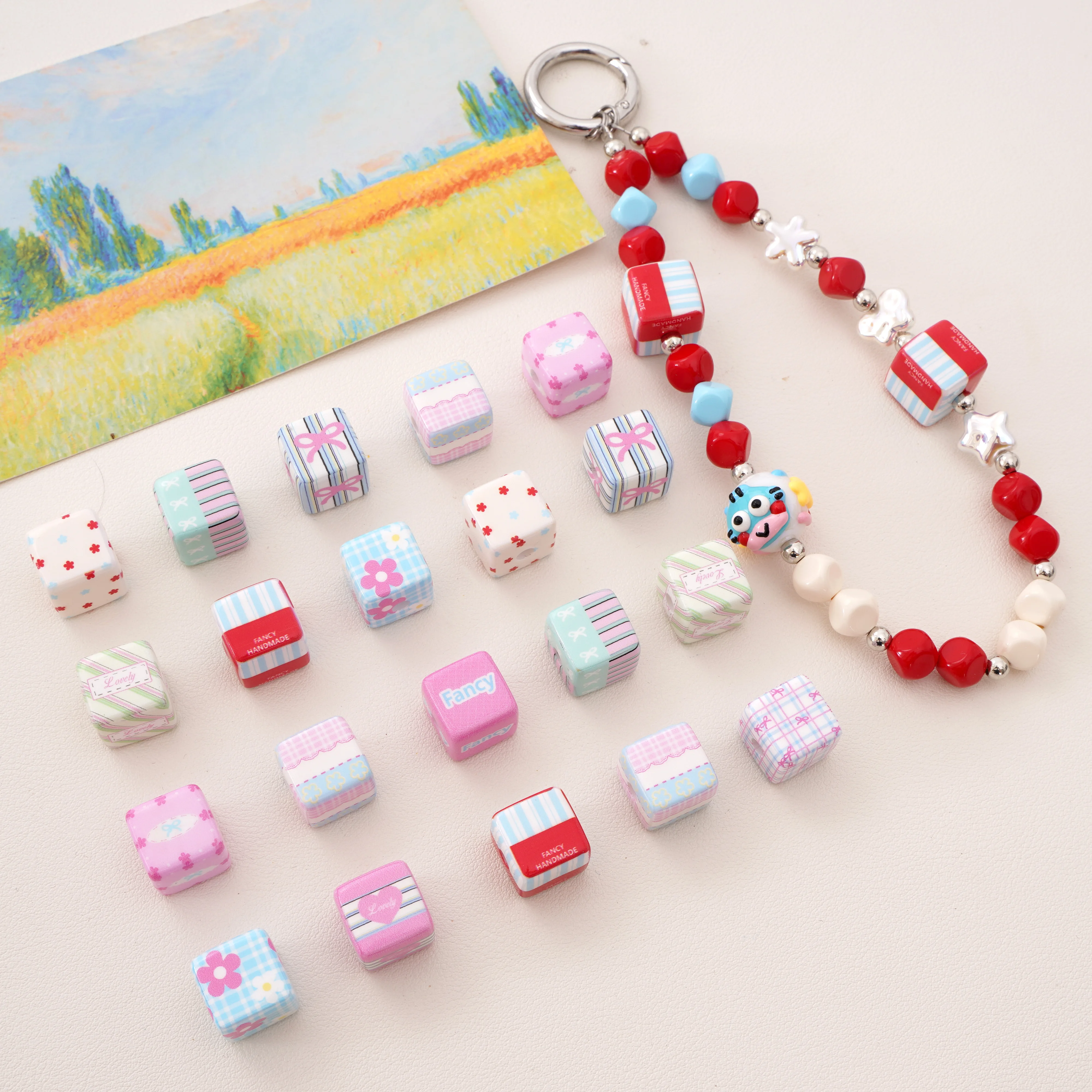 2 Pcs 14mm Acrylic Printed Square Beads Loose Spacer Beads for Jewelry Making DIY Phone Chain Keychain Charms Craft Materials