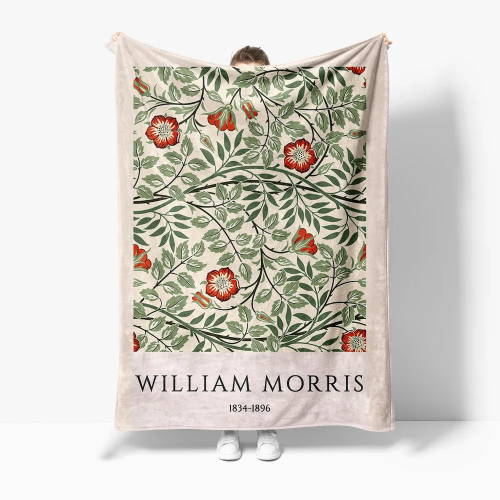 William Morris Floral Print Blanket Vintage Red Poppy Pattern Sofa Bed Throw Decorative Cotton Throw Blanket