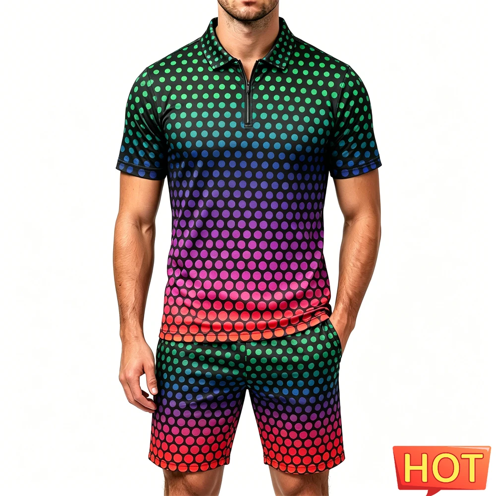 Summer Men's Sets Polka Dot 3D Print Zip Polo Shirt and Shorts 2 Piece Street Fashion Short Sleeve Outfit Casual Loose Man Suit view 3