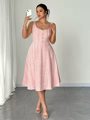 Plus Size Sleeveless Midi Dress with Pearl Buttons and Pink Grid Pattern