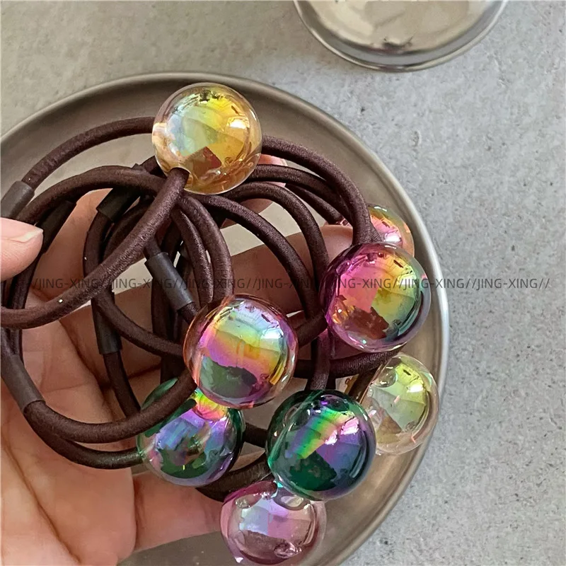 Colorful round Ball Beaded Hair Band Elegant Beautiful Colorful Geometric round Hair Rope Ponytail Tie Hair Rubber Band