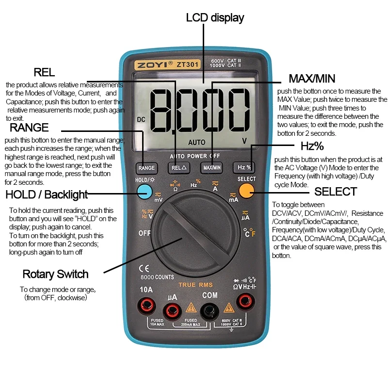Digitalmultimeter ZT 301/302/303 True RMS Auto Range Amperemeter Voltmeter Smart Kondensator Temperatur NCV Ohm Hz Tester – Detail 4