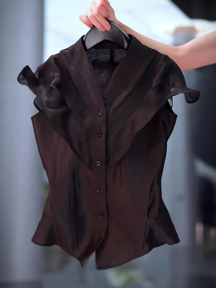 Faionable Summer Commute Slim Fit Chiffon irt with Lace Hemline ort Sve V Ne  Color Korean Sle Workwear