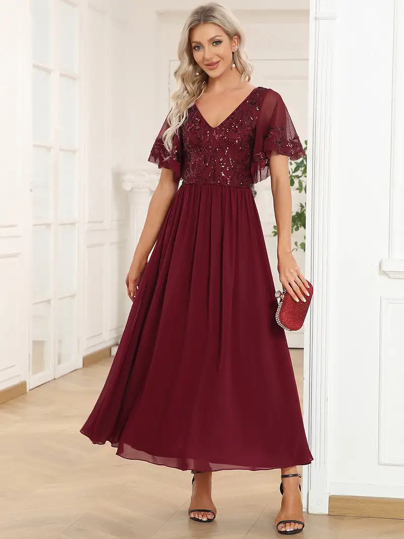 Elegante vestidos de noite curto babados mangas v pescoço joelho comprimento 2023 sempre bonito de chiffon borgonha mãe do vestido de noiva