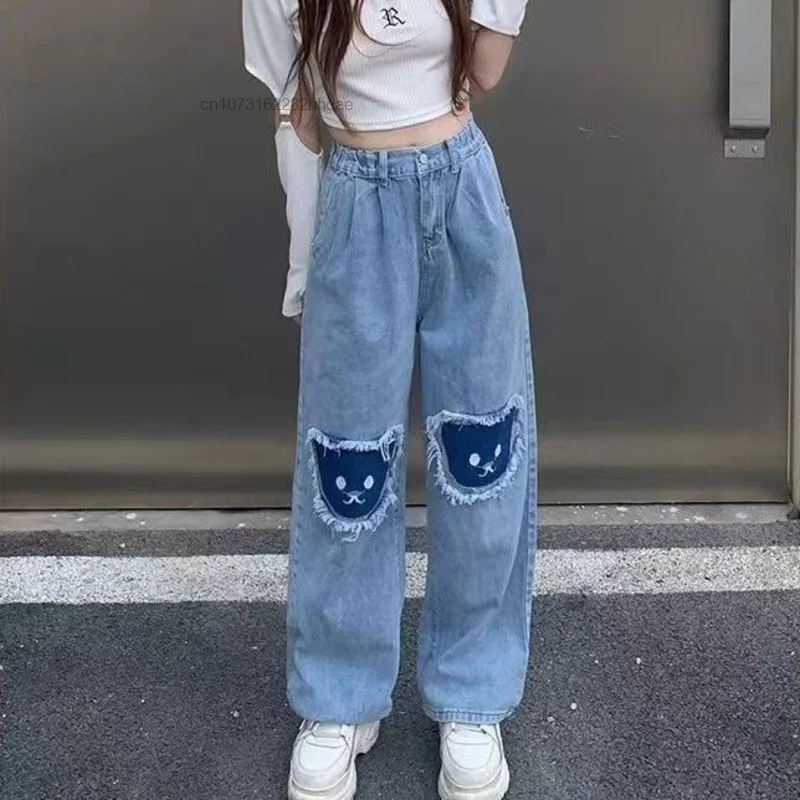 Kawaii Anime Bear Patch Jeans Y2k Girls Straight Wide Leg Korean Style Demin Pants Casual Hip Hop Grunge Popular Baggy Jeans Yk2