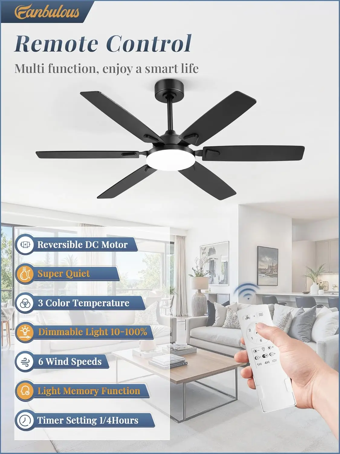 52 Inch Ceiling Fan with Lights, Indoor/Outdoor, Quiet DC Motor, 6-Speed Remote, Reversible Blades, 3CCT