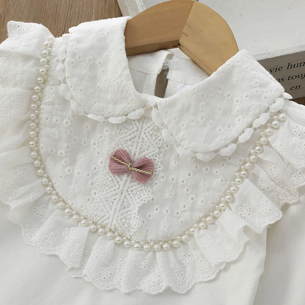 Blusa de manga larga con encaje para niño y niña, camisa blanca para la escuela, ropa para niños pequeños y adolescentes