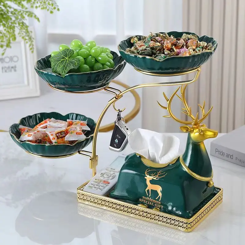 Creative Elk Deer Iron Ceramic Fruit Tray Storage Plate with Tissue Box Household Multi-layer Dry Fruit Tray for Christmas