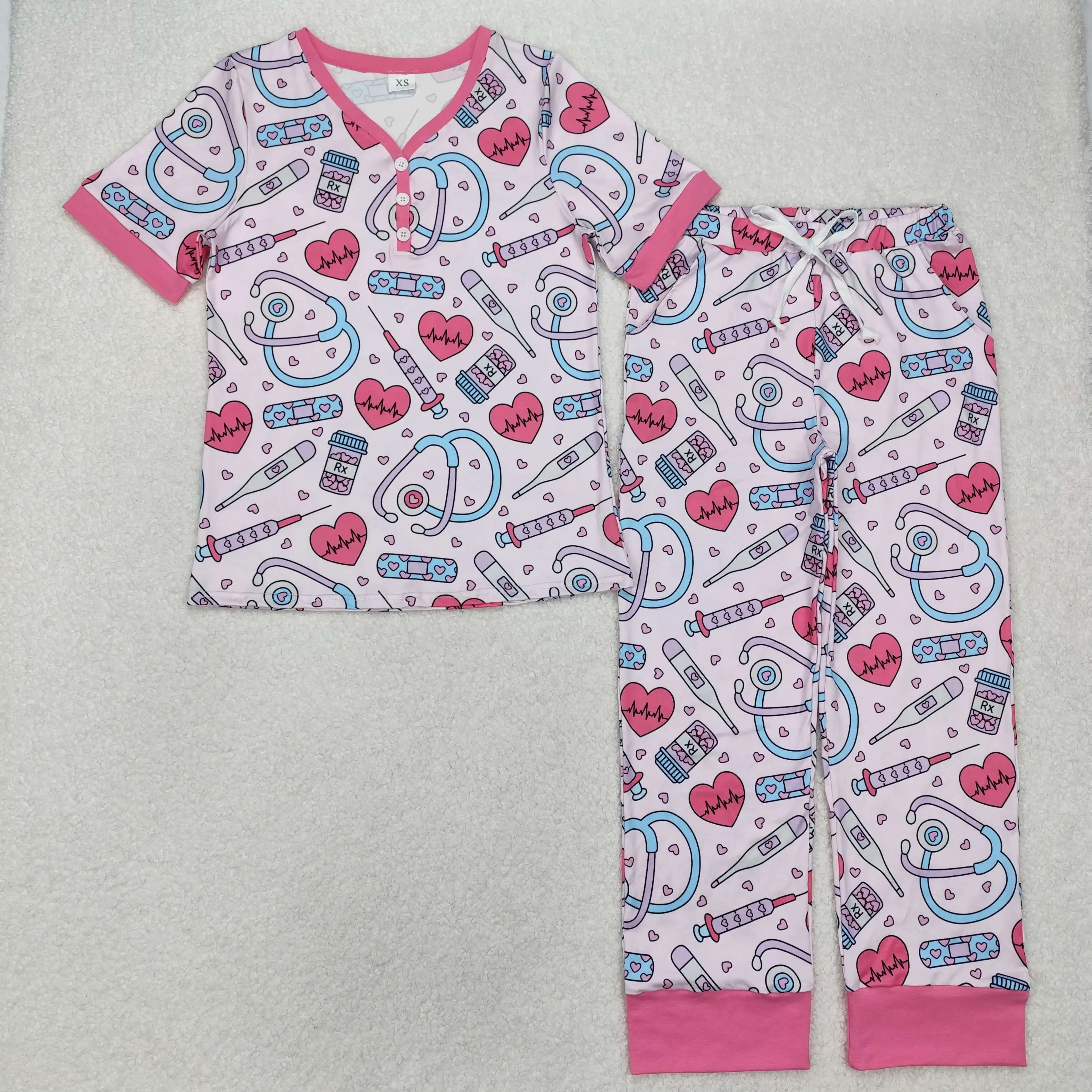 New rts adult ladies pajama set wholesale boutique adult women love heartbeat stethoscope pink short sleeves long pants pajama