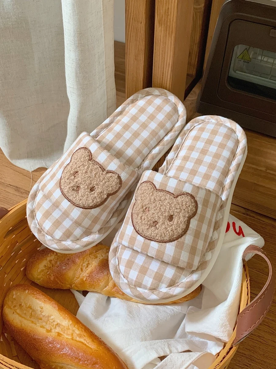 

Women Bear Linen Slippers For Women All Season Universal Indoor Home Slipper Quiet Room Fabric Floor Slipper