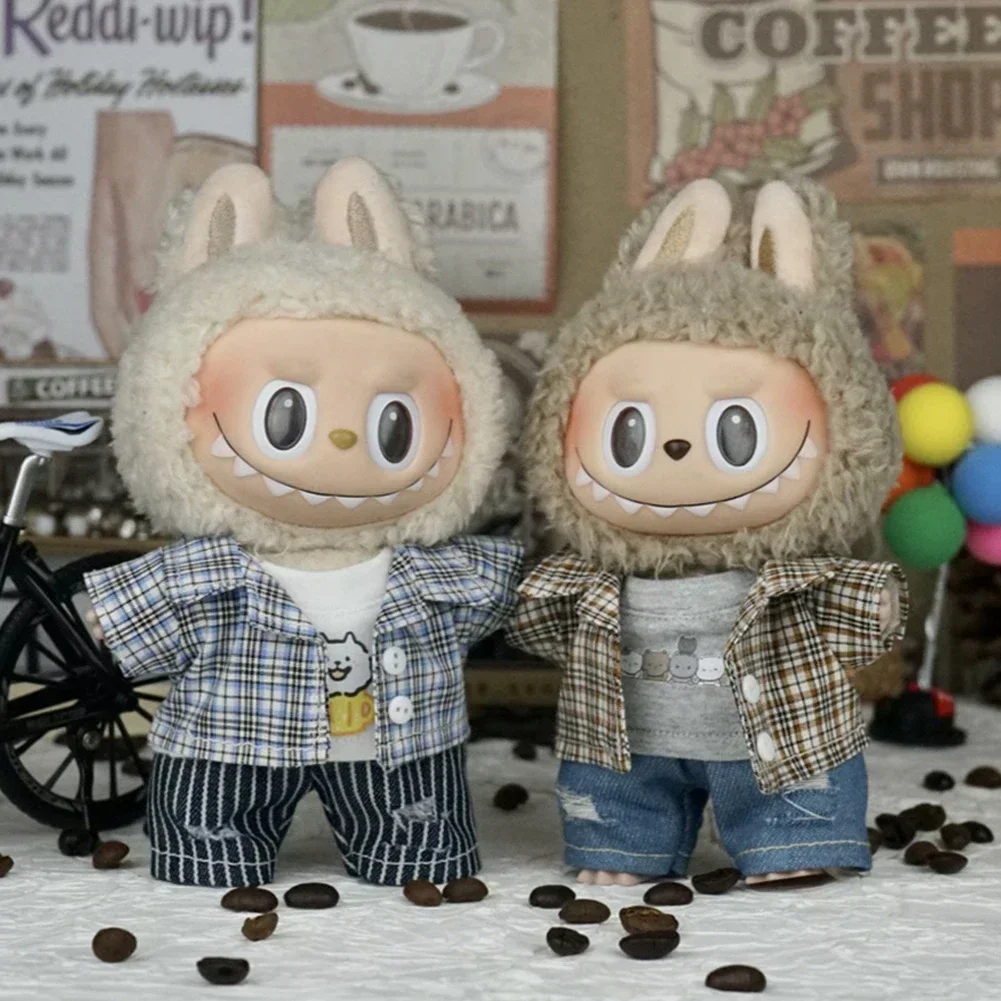 Bonito estilo japonês xadrez camisa jaqueta conjunto mini roupas de boneca de pelúcia acessórios para 17cm labubu ii bonecas roupas presente