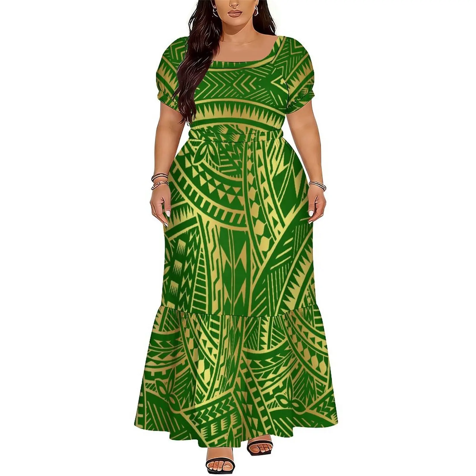 

Summer Essential Polynesian Custom-Printed Long Dress Square Neck Fitted Design Slimming And Figure-Hugging Women's Dress