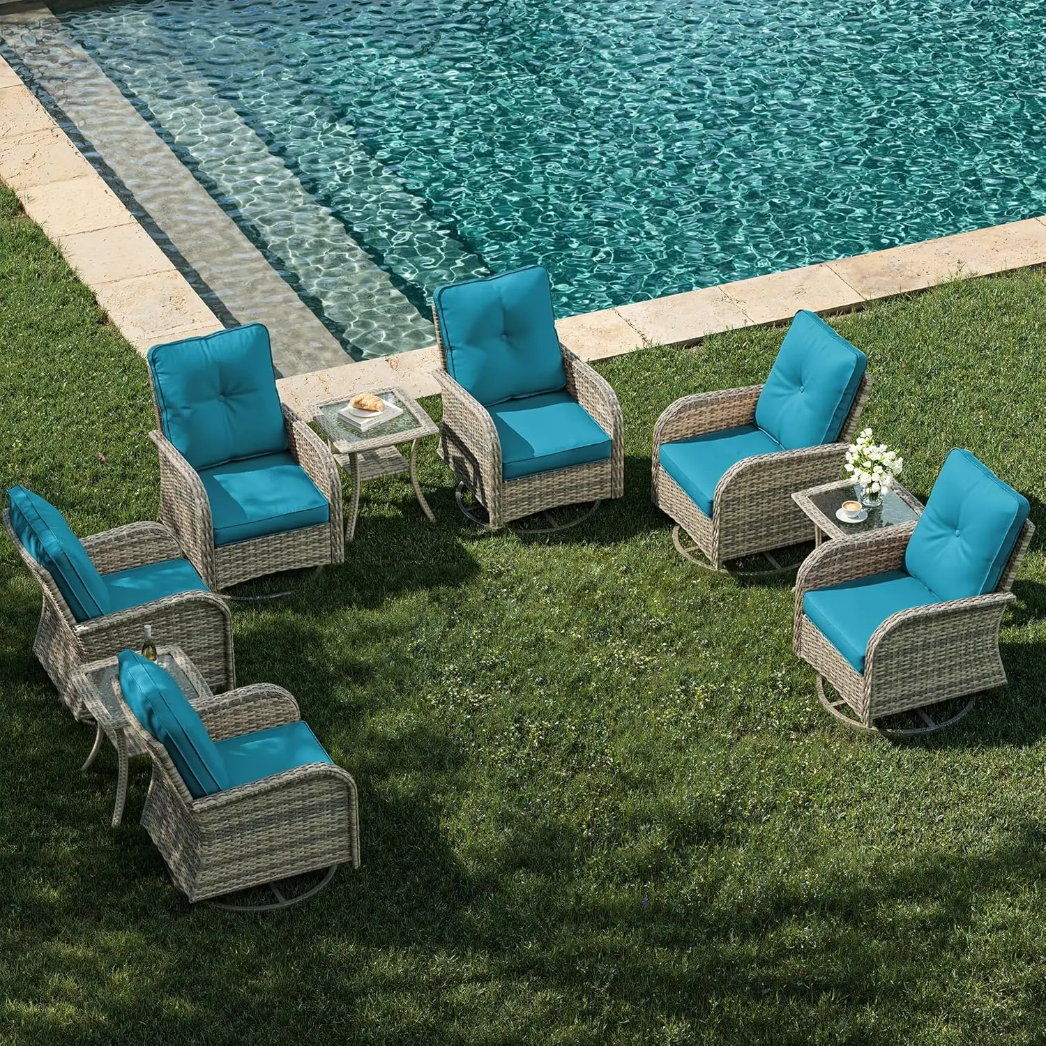 

9pc Rocking Swivel Chair Bistro Set Tempered Glass Side Table Garden Deck Balcony, Customized