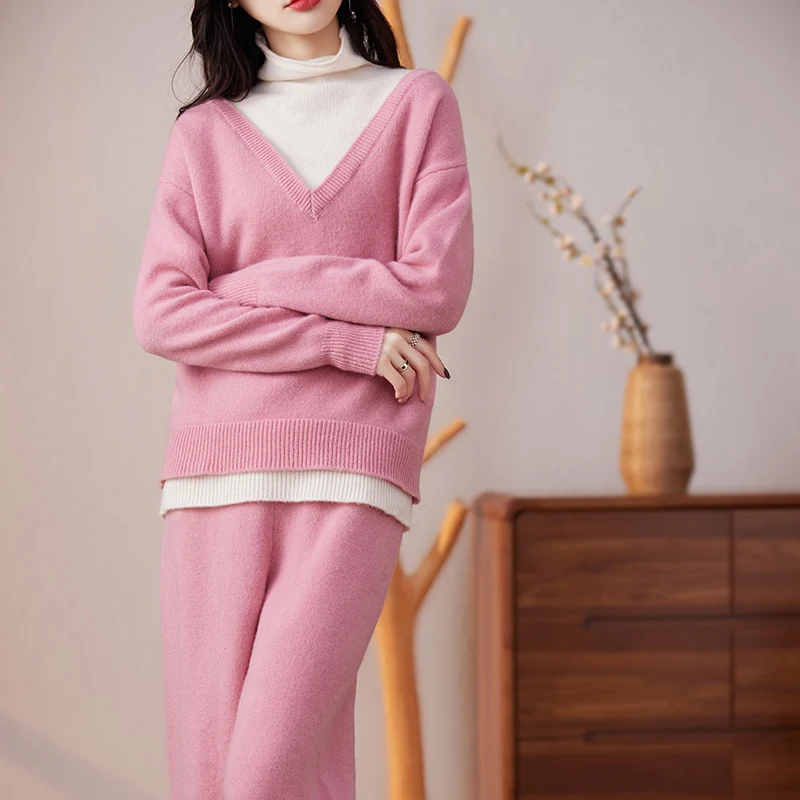 Autumn Winter 100% Merino Wool  Woolen Trousers Turtleneck Sweater Suit Soft Long Sleeve Fashion Casual Solid Color Clothes