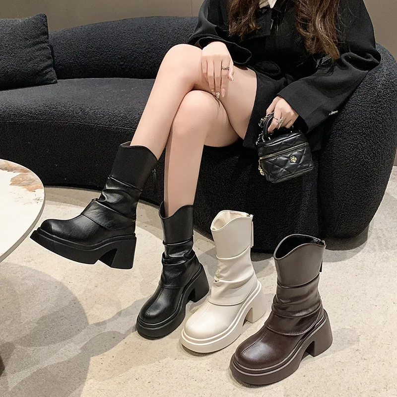 

High Quality Women's Boots Fashion Platform Short Boots Middle Tube Casual Leather Boots for Women Zipper Ankle Boot Botas Mujer