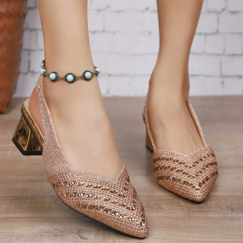 

Women's Rhinestone Hollow Out Pointed Toe Pumps 2026 Spring Summer Chunky Heel Back Strap Fashion Elegant Sandals Shoes，36-43