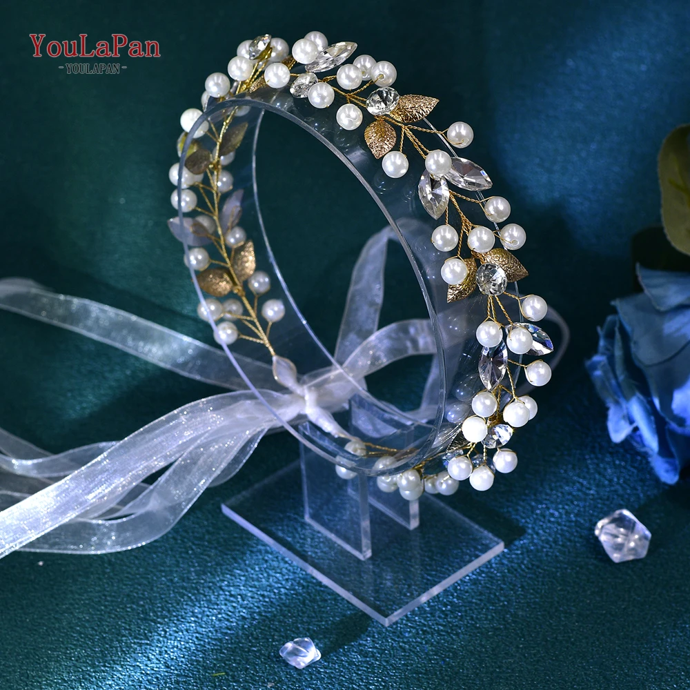 YouLaPan diadema nupcial de perlas, tocado de fiesta de hoja de aleación dorada, tocado de boda de cristal, tocado hecho a mano, accesorios para el cabello, HP736