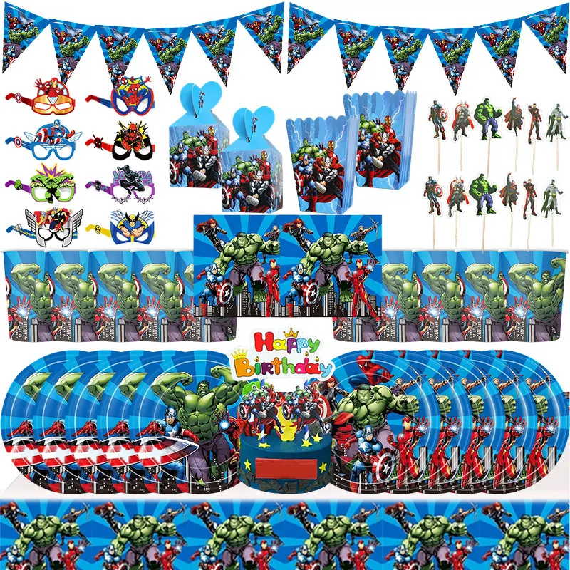 Décorations d'anniversaire Marvel Avengers, articles de fête, vaisselle, gobelets, assiettes, nappe, bannière, toile de fond, ballons super-héros, fournitures