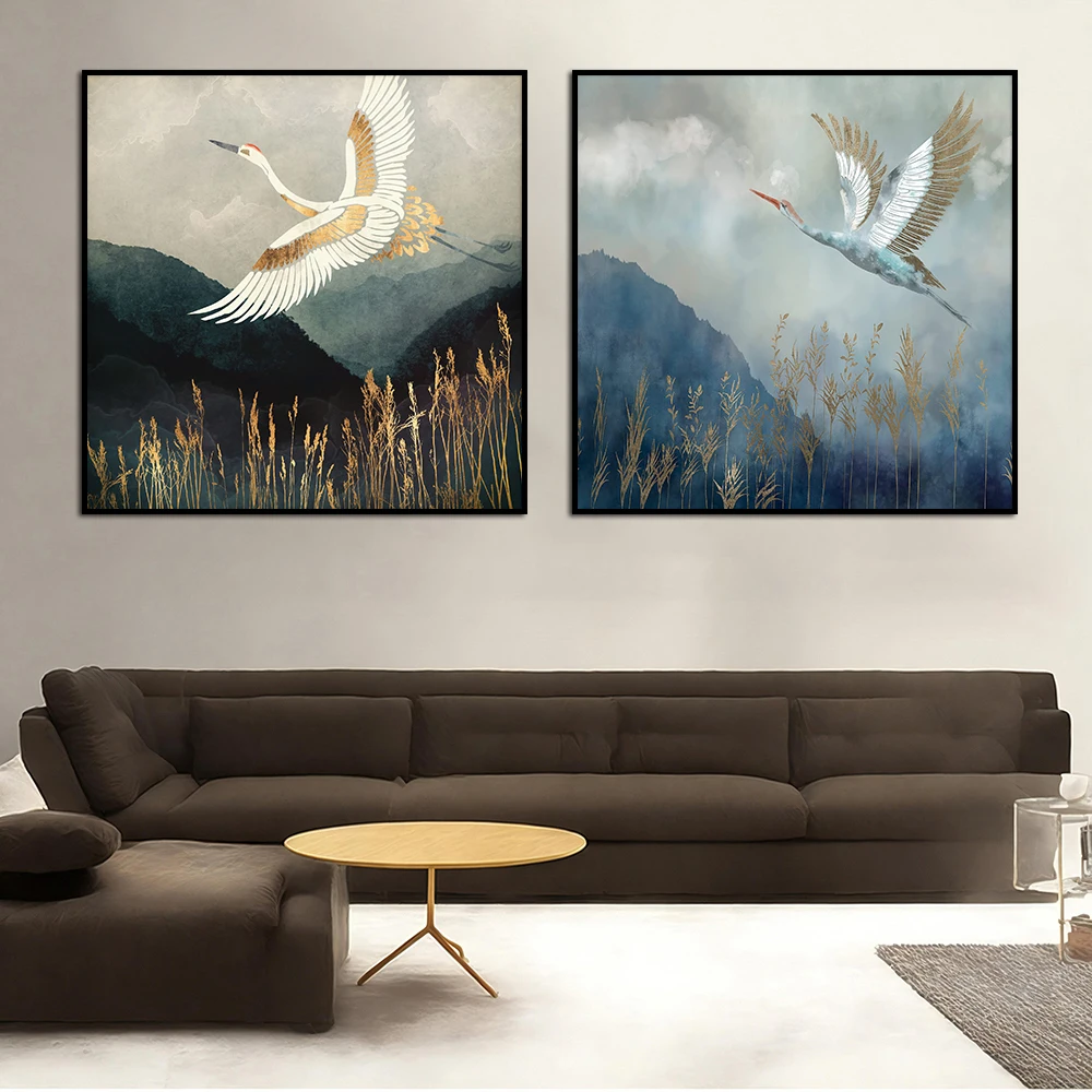 Białe złoto latający czerwony żuraw koronowany obraz nowoczesny abstrakcyjny obraz ścienny na płótnie plakat z nadrukiem obraz zwierzęcy do wystroju pokoju domowego
