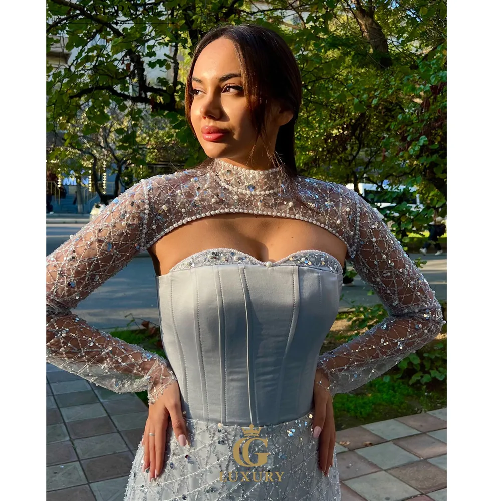 

FATAPAESE Luxury Diamonds Prom Dresses with Cape Long Sleeve Crystals Jacket Evening Dresses for Engagement Wedding Guest Dress