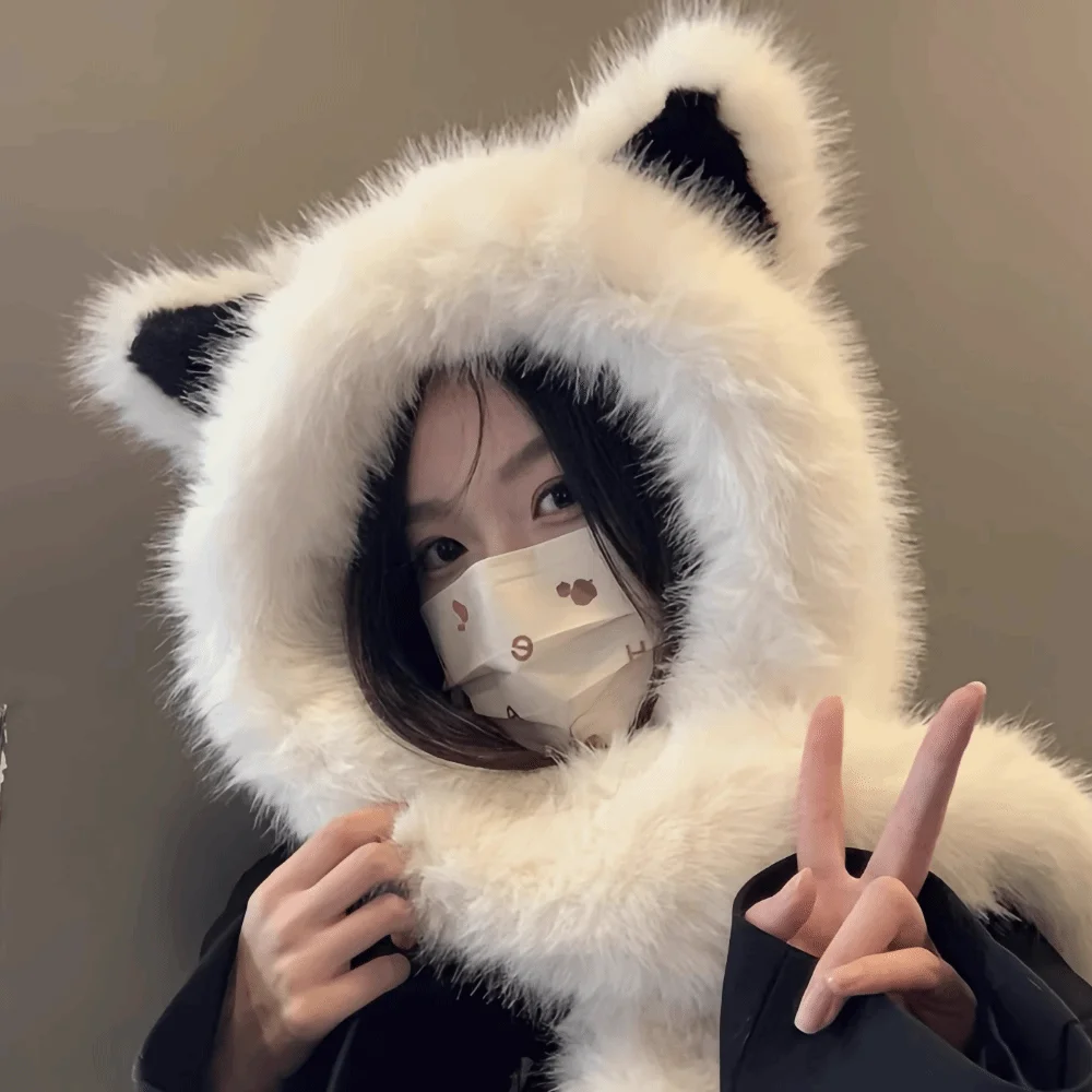 windproof-vixen-ear-beanie-hat-thicken-soft-integrated-cap-scarf-faux-fur-cold-resistant-fluffy-neck-warm-hat-winter