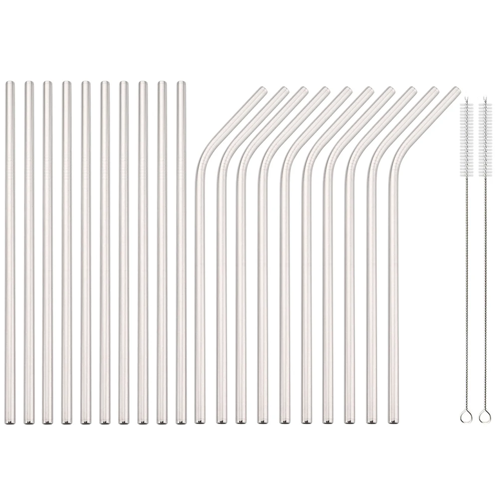 20Pcs Stainless Steel Straw Set Straight Curved Drinking Straw Set Juice Milk Tea Straw Bar Party Kitchen Accessories