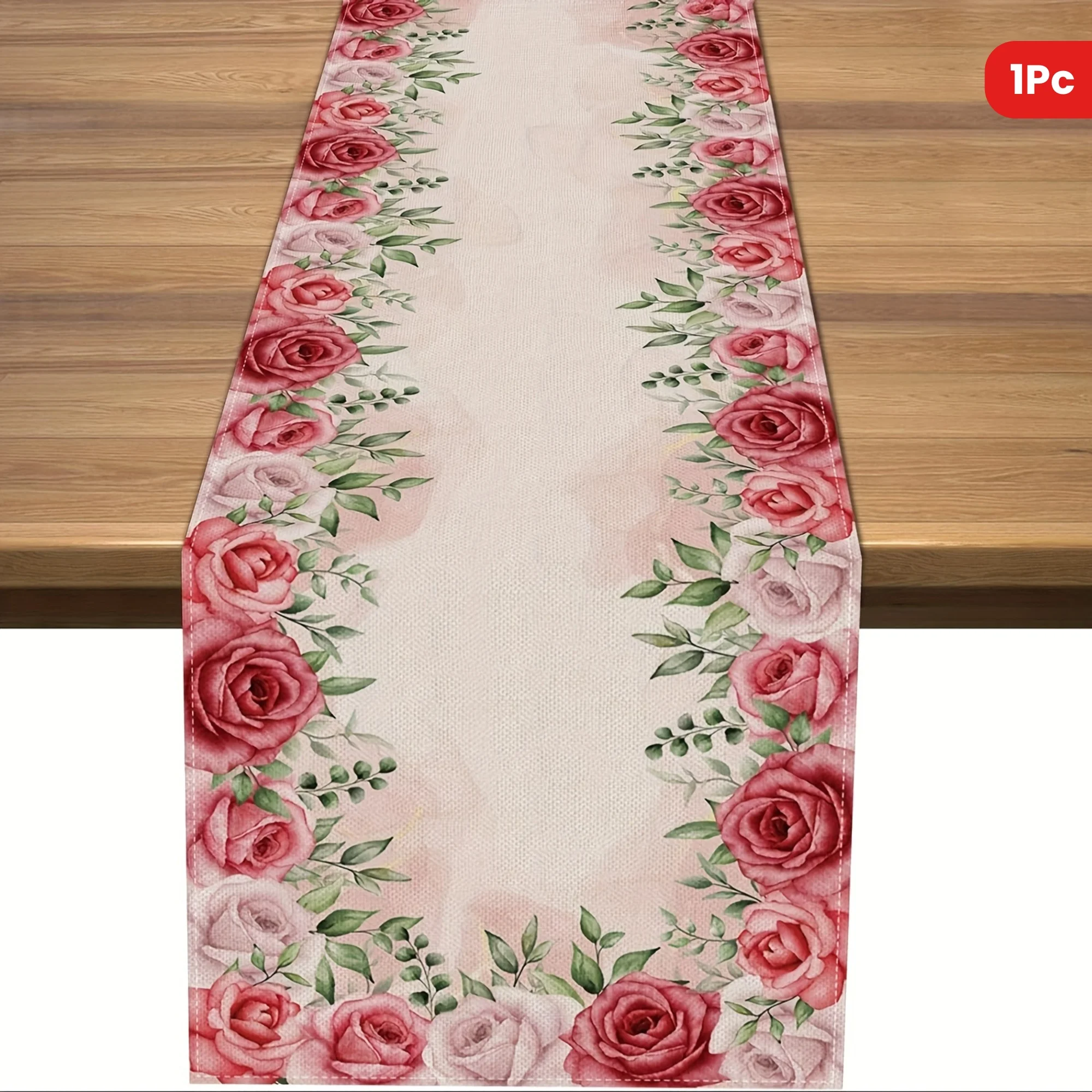 1 pc Linen red rose table runner with watercolor floral pattern for Mother's Day, spring wedding party and restaurant decoration