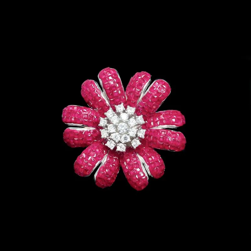 

ZOCA Unique Red Flower Full Setting Cubic Zirconia 925 Sterling Silver Chic Adjustable Cocktail Rings Women for Party