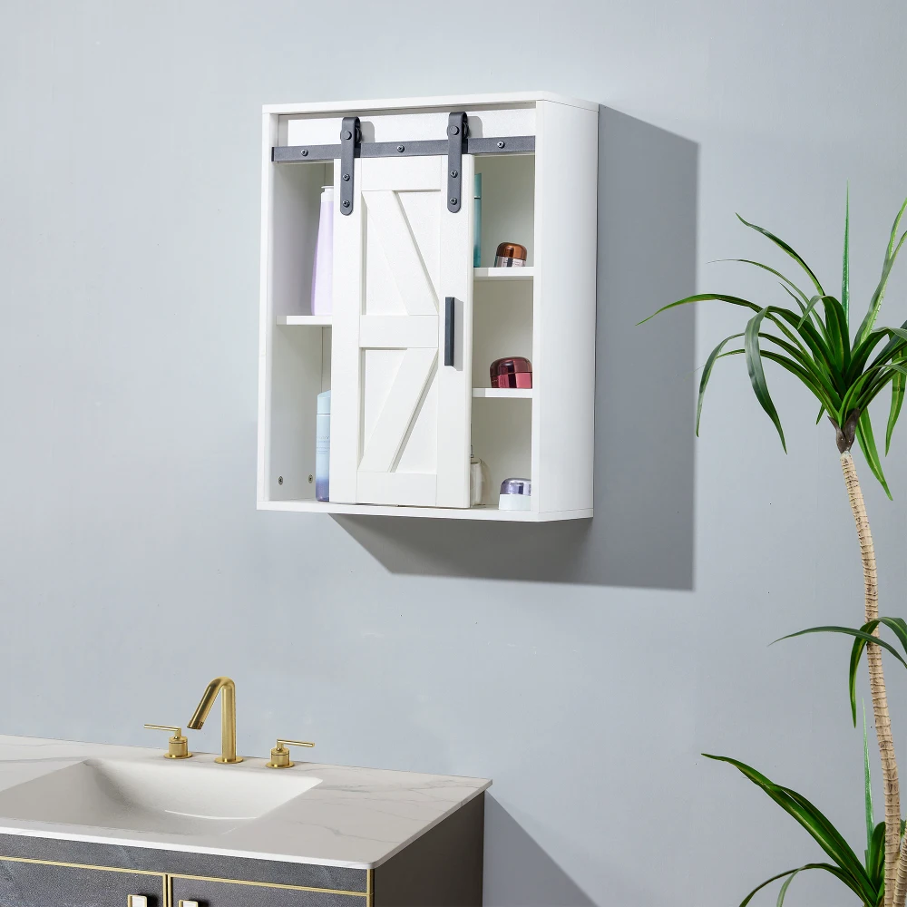 Wood Wall-mounted Storage Cabinet 5-layer Toilet Bathroom Storage Cabinet Multifunctional Cabinet with Adjustable Door White