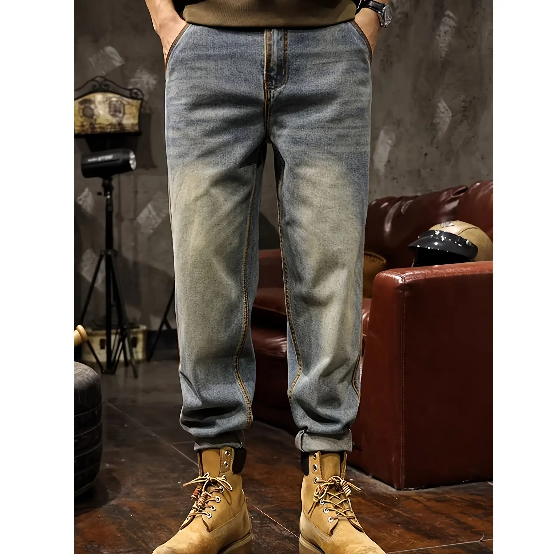 

European and American plus size retro jeans men's spring and autumn new trend brand loose straight tube Haren casual pants
