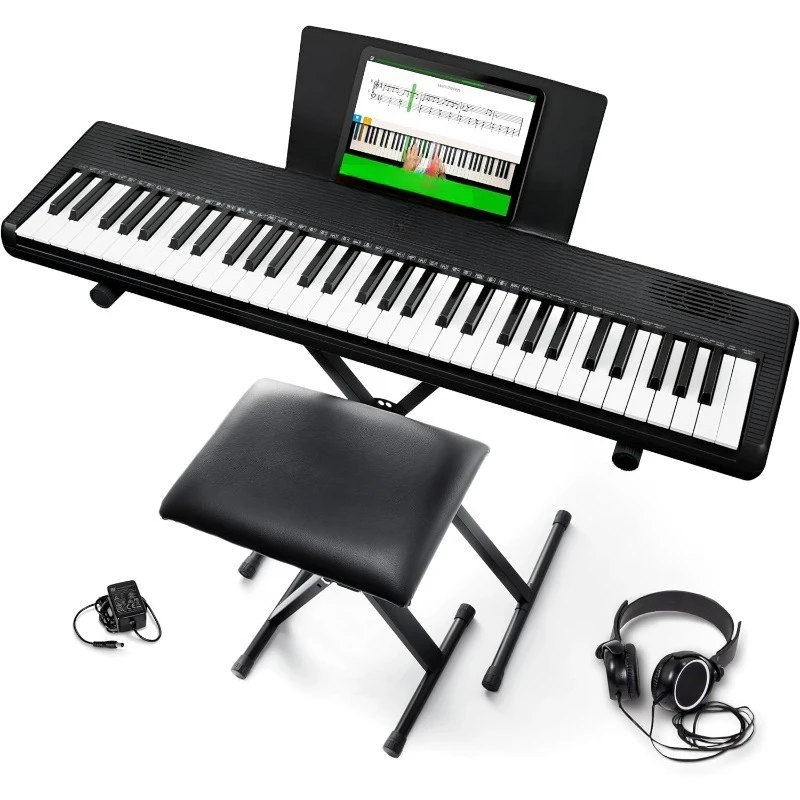 Melody 61 MK4 Teclado de piano para principiantes con 61 teclas, altavoces, soporte, banco, auriculares, tableta/soporte para partituras, 30