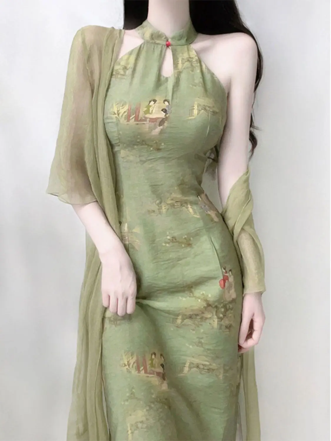 Summer  Chinese Style Women's Clothing Ancient Style Two-piece Set Printed Modified Cheongsam Young Girl Off-shoulder Dress