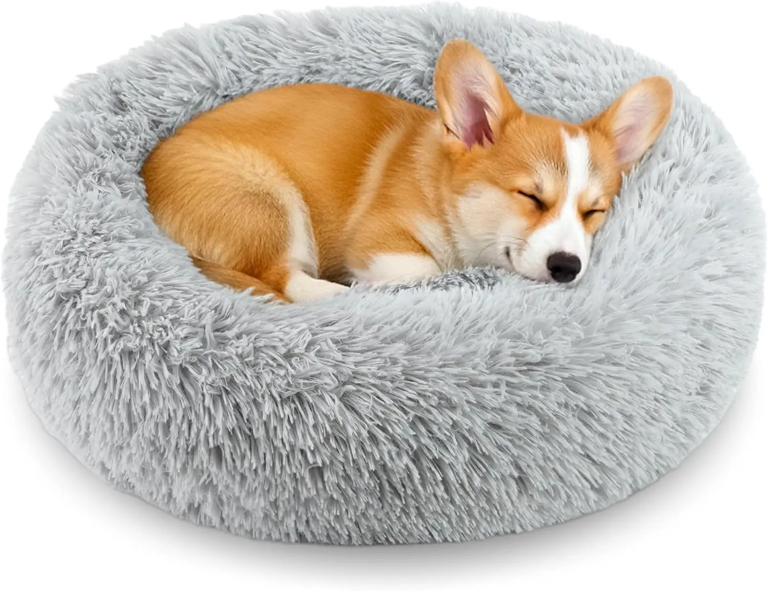 Calming Donut Dog Bed for Small Pets, Round Fluffy Washable Anti-Anxiety Cat Bed with Raised Rim, Waterproof Anti-Slip Base 20in