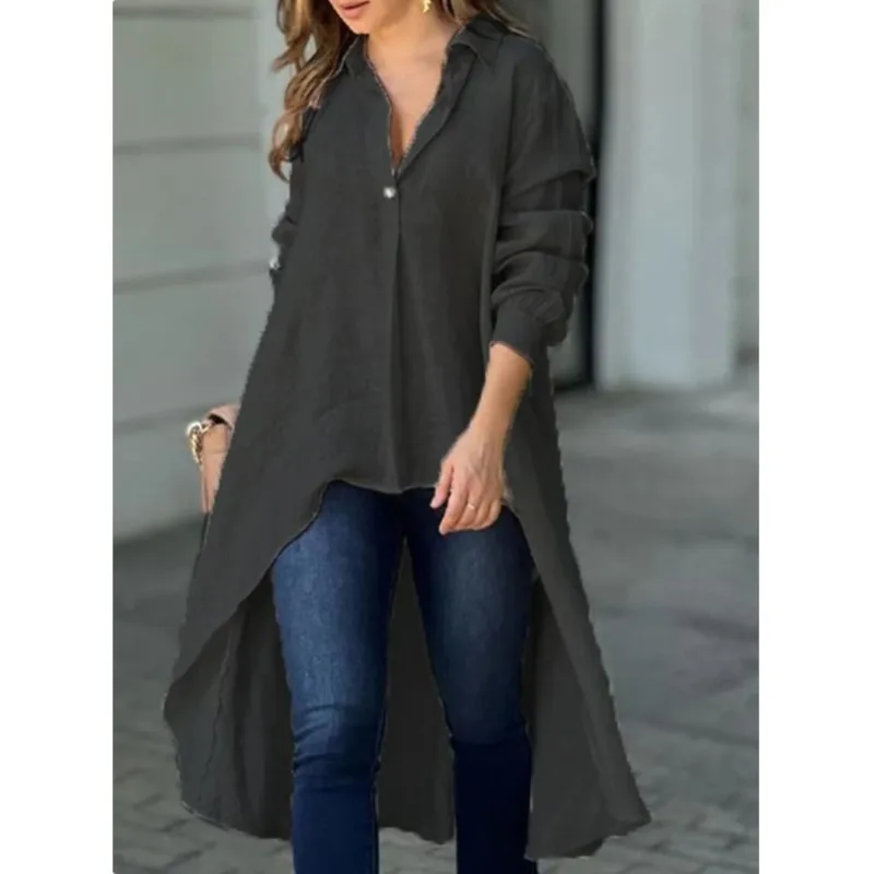 Autumn New Women's Irregular Shirt Fashion Solid Color Long Sleeve Single-row Buckle Loose Long Tops Ladies Spring Basic Blouses