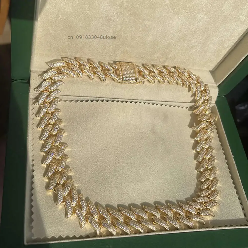 

Yu Ying Men Chain Hip Hop Rock Style 13mm 18mm Width Spike Shape Gold Plated Moissanite Necklace Cuban Link Chain