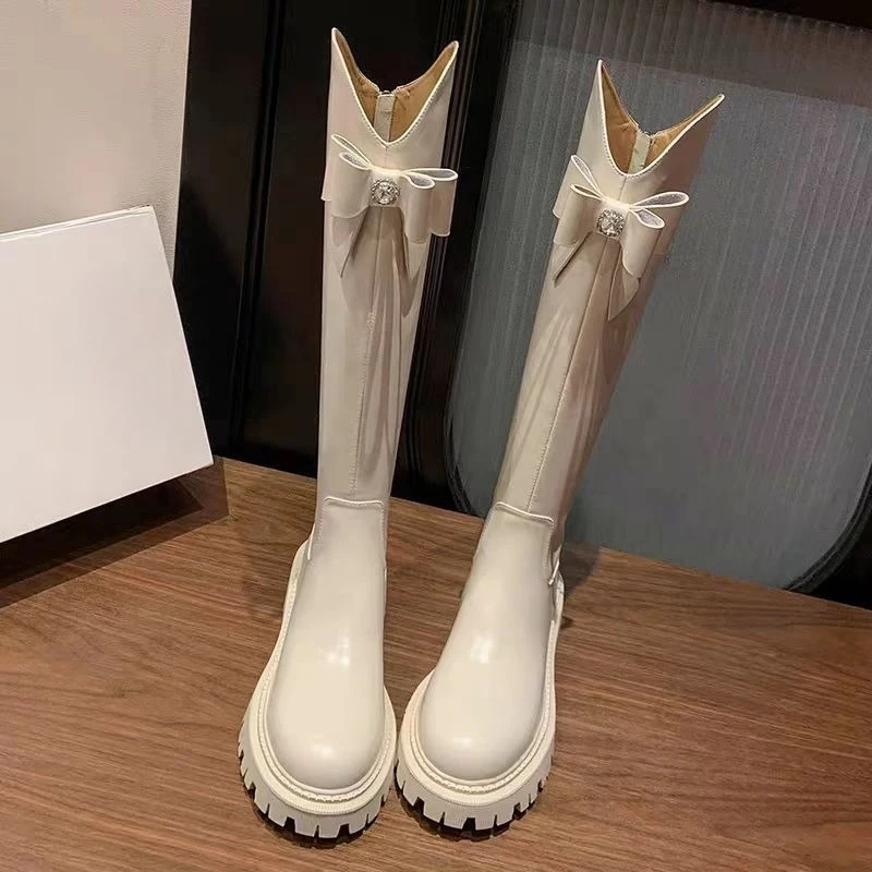 

Тенденция 2024, кожаные высокие сапоги на платформе с бантом для женщин, модные новые дизайнерские роскошные женские туфли до колена в стиле рок-готика