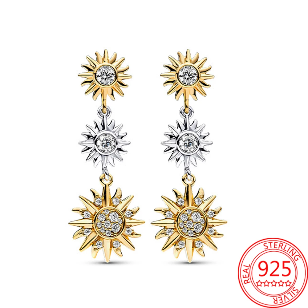 Interesting 925 Sterling Silver White Pavé Gold & Silver Triple Sun Earrings As A Vibrant Women's Anniversary Gift