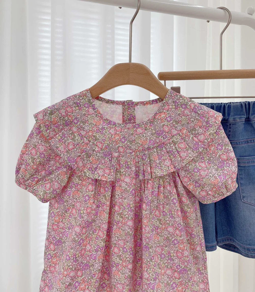 

summer kids girls clothes baby tops girl t-shirt Sweet girls' floral print short-sleeved shirt Summer French-style T-shirt