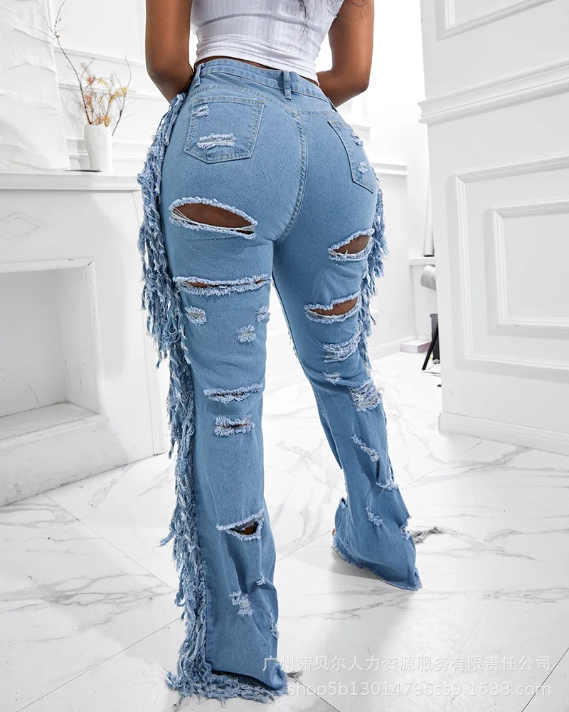 Fashion Pants Women Damaged Wash Tassels 2023 Summer New Long Denim Jeans for Women