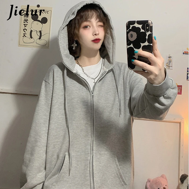 Jielur Brick Red Black Gray Hoodies Female Zip-up Tracksuit Autumn Harajuku Cool Street Fashion Women\'s Sweatshirt M-XXL