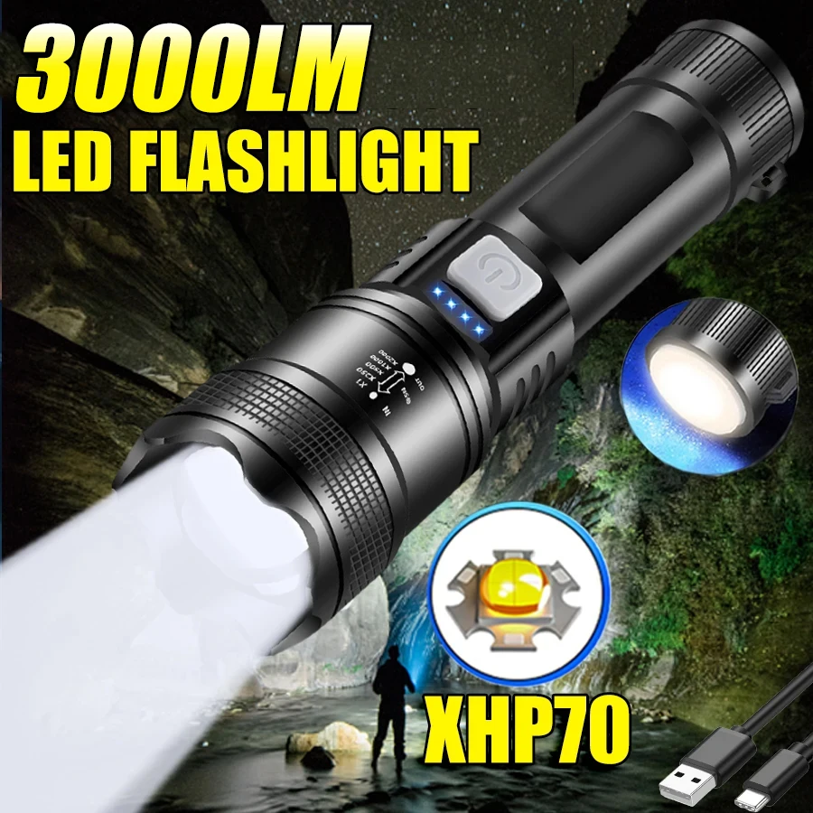 XHP70 High Power LED Flashlight With Tail Warm Light USB Rechargeable Long Range Zoom Torch Outdoor Camping Emergency Lantern