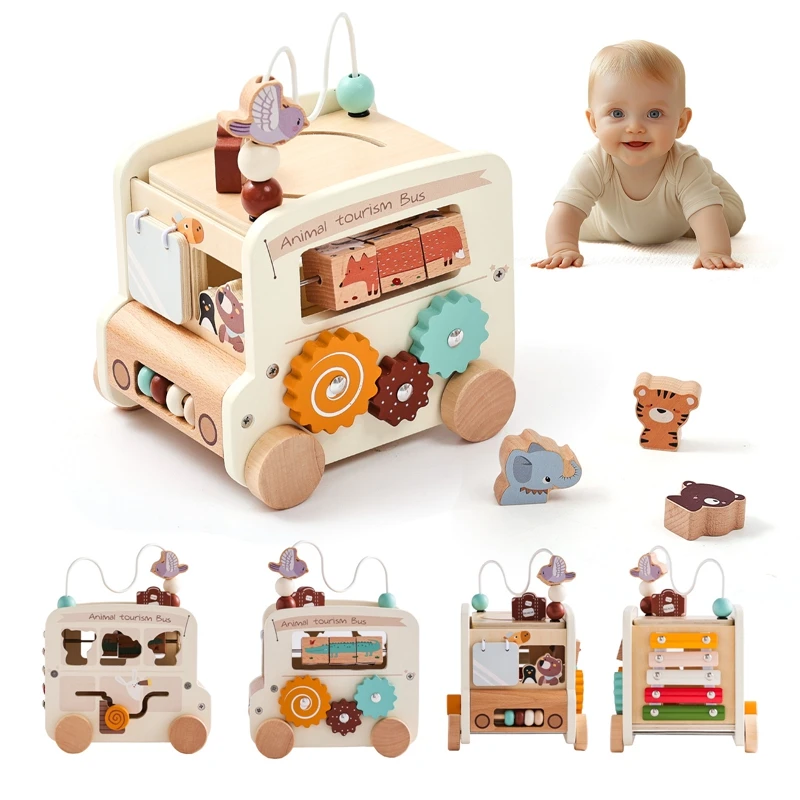 Wooden Montessori Toys Multifunctional Wooden Bus Musical Toy Baby Sensory Touch Game Cartoon Animal  Preschool Educational Gift