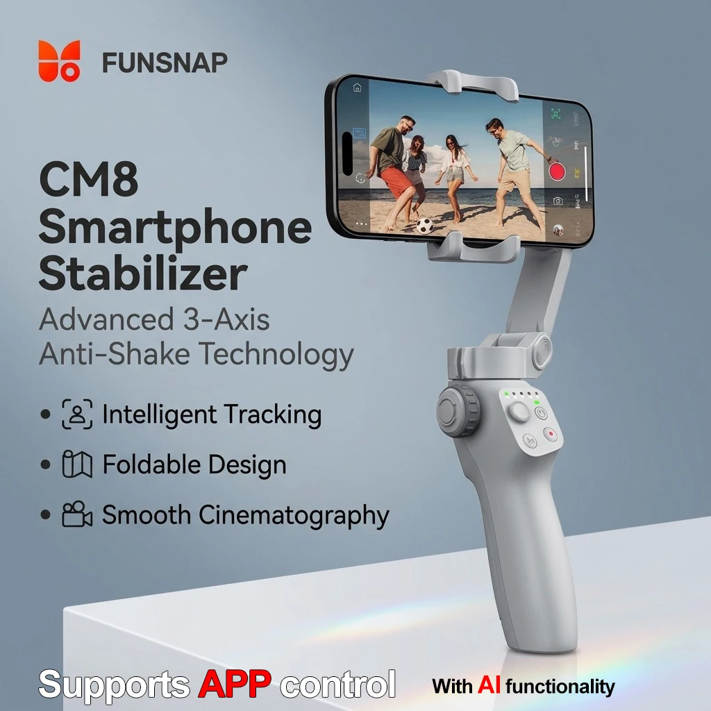 FUNSNAP CM8 3-osiowy stabilizator gimbalowy do iPhone'a i Androida, składany stabilizator do telefonu do nagrywania wideo, 8–10 godzin pracy na baterii, śledzenie twarzy AI, TK Vlog