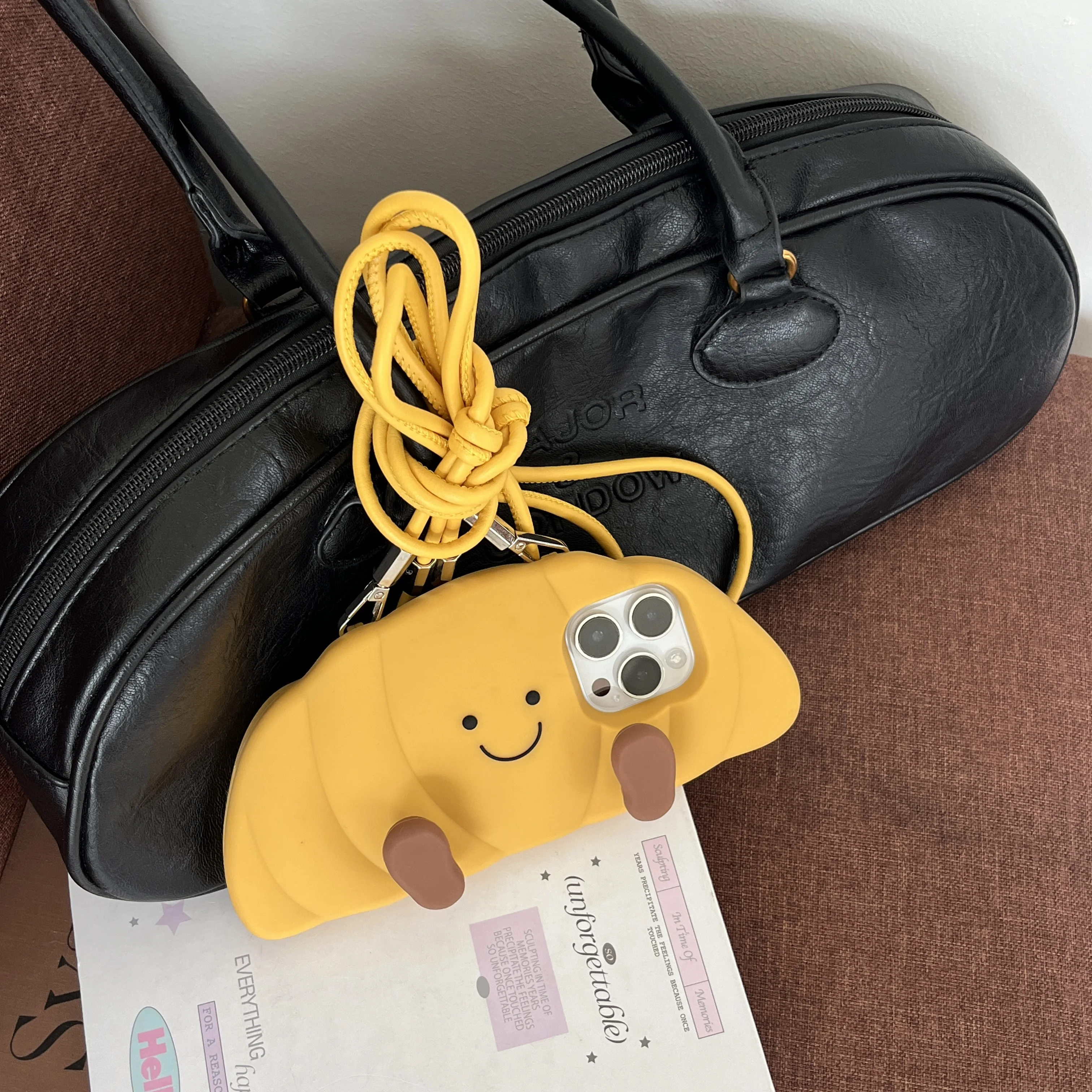 

Funny Croissant Bread 3D Soft Silicone Phone Case for iPhone 12/13/14/15/16 pro Max Protect Back Cover - Long Crossbody Lanyard