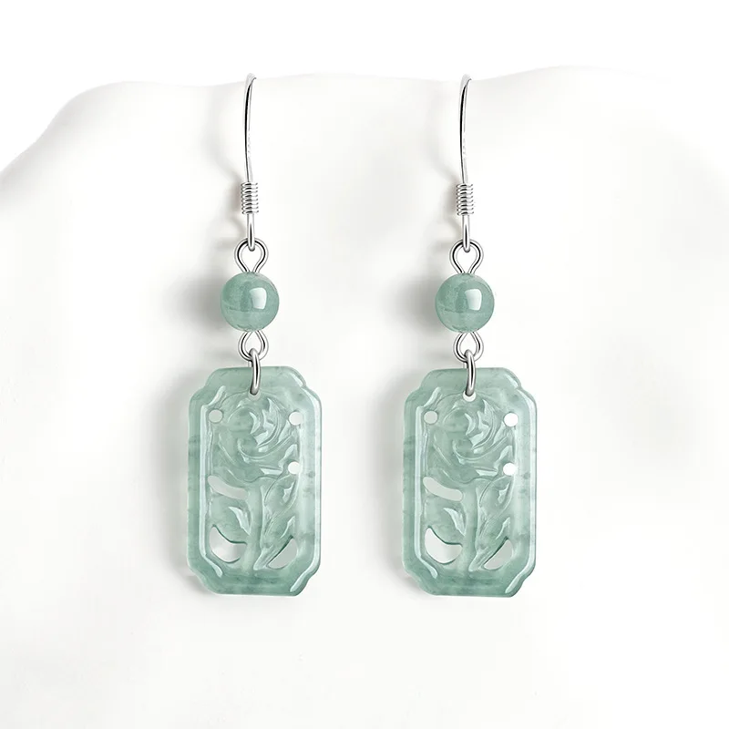 Natural A-grade Jade Blue Water Rose Earrings S925 Silver Inlaid Ice Jadeite Personalized Women\'s Gifts Jewelry Drop Shipping